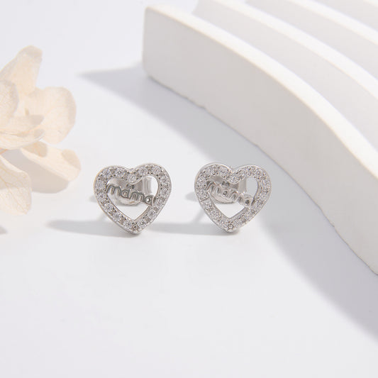 1 Pair Simple Style Letter Heart Shape Plating Hollow Out Inlay Sterling Silver Zircon White Gold Plated Rhodium Plated Ear Studs