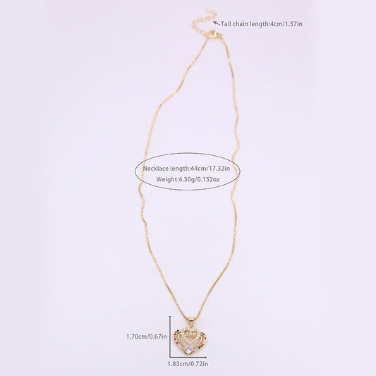 Elegant Romantic Shiny Love Heart Shape Rose Copper Plating Metal Inlay Zircon 18k Gold Plated Pendant Necklace