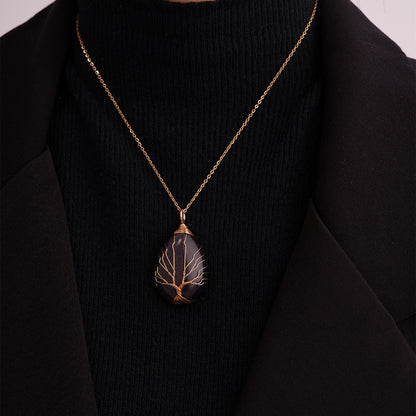 Ig Style Simple Style Water Droplets Stainless Steel Natural Stone Knitting Pendant Necklace