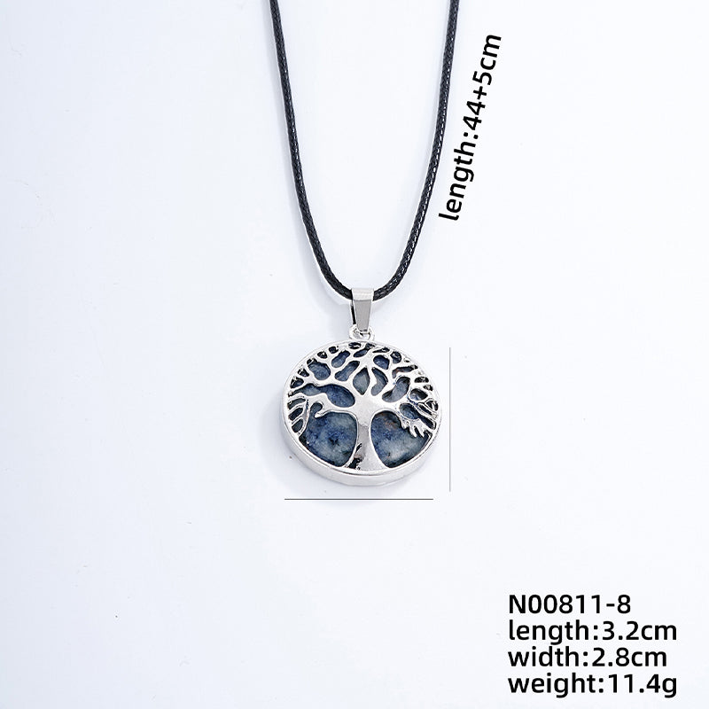 Ig Style Simple Style Round Tree Stainless Steel Natural Stone Leather Rope Inlay Natural Stone Pendant Necklace
