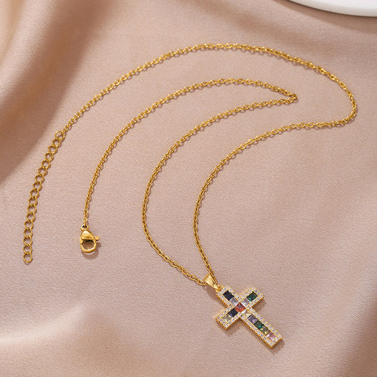 Simple Style Cross Copper Plating Inlay Zircon 18k Gold Plated Pendant Necklace