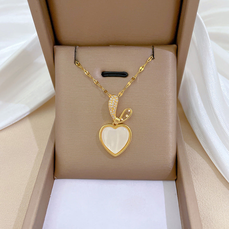 Sweet Commute Heart Shape Titanium Steel Copper Inlay Artificial Gemstones Pendant Necklace