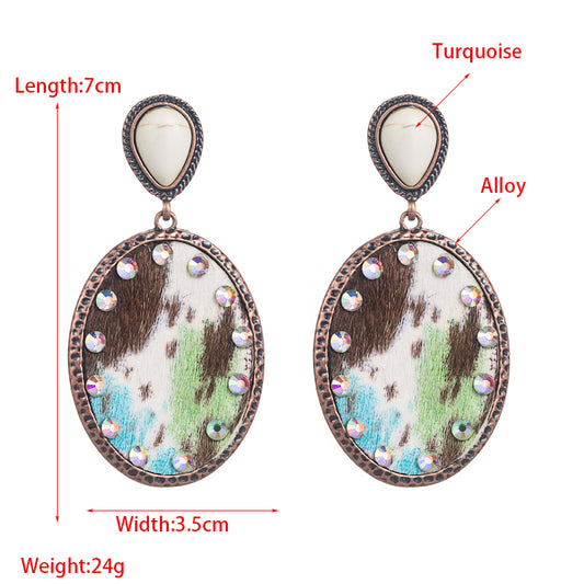 1 Pair Retro Ethnic Style Oval Water Droplets Inlay Pu Leather Alloy Turquoise Rhinestones Drop Earrings