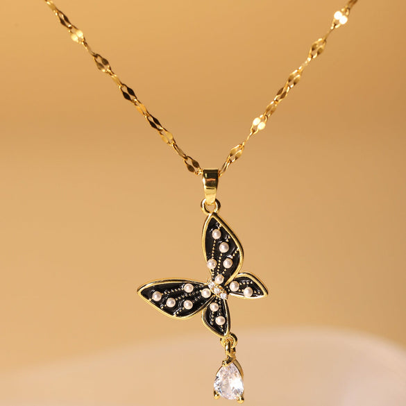 Elegant Glam Butterfly Stainless Steel Enamel Plating Inlay Artificial Pearls Zircon 18k Gold Plated Pendant Necklace