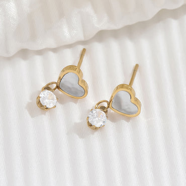 1 Pair Elegant Simple Style Classic Style Heart Shape Plating Inlay Stainless Steel Shell Zircon 14k Gold Plated Drop Earrings