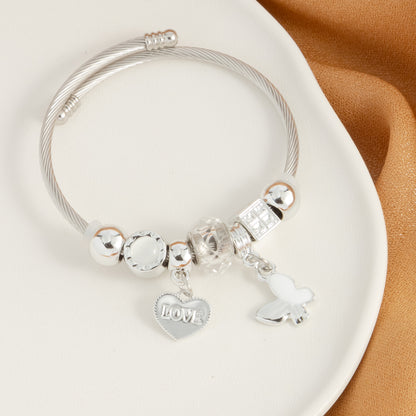 Cute Luxurious Heart Shape Butterfly Stainless Steel Plating Inlay Artificial Crystal Bangle