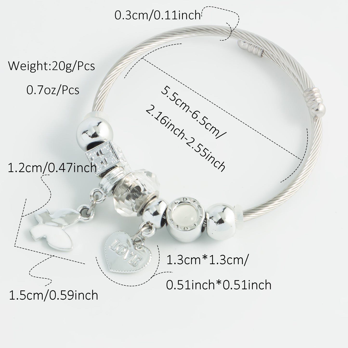 Cute Luxurious Heart Shape Butterfly Stainless Steel Plating Inlay Artificial Crystal Bangle