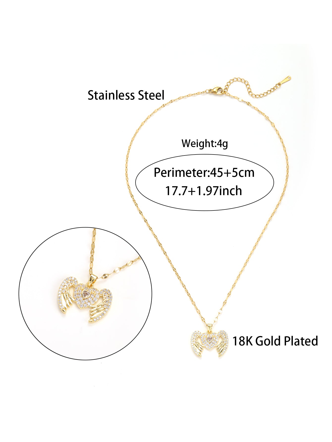 Elegant Heart Shape Stainless Steel Inlay Zircon 18k Gold Plated Pendant Necklace