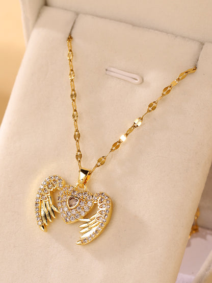 Elegant Heart Shape Stainless Steel Inlay Zircon 18k Gold Plated Pendant Necklace