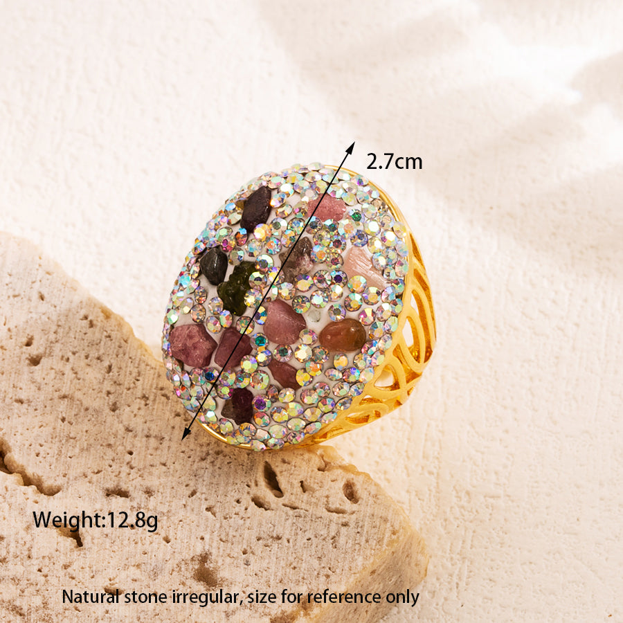 Elegant Luxurious Oval Copper Irregular Plating Inlay Natural Stone Zircon 18k Gold Plated Open Rings