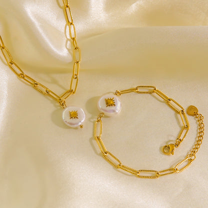 Elegant Baroque Style Geometric Stainless Steel Plating Inlay Pearl 18k Gold Plated Bracelets Necklace