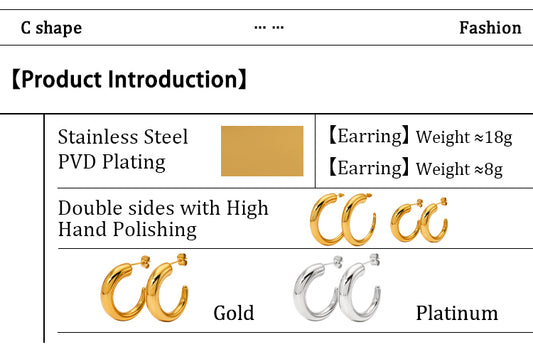 1 Pair Elegant Simple Style Classic Style C Shape Polishing Plating Stainless Steel 14k Gold Plated White Gold Plated Gold Plated Ear Studs
