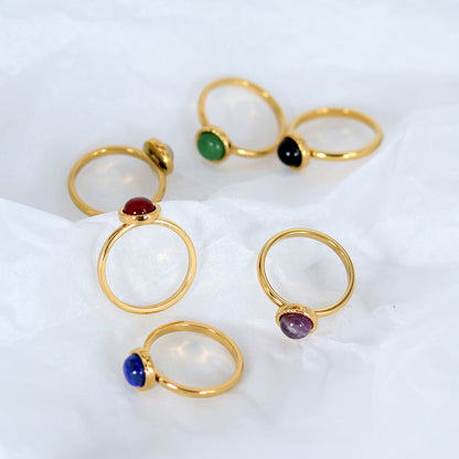 Simple Style Round Titanium Steel Plating Inlay Natural Stone Agate 18k Gold Plated Rings