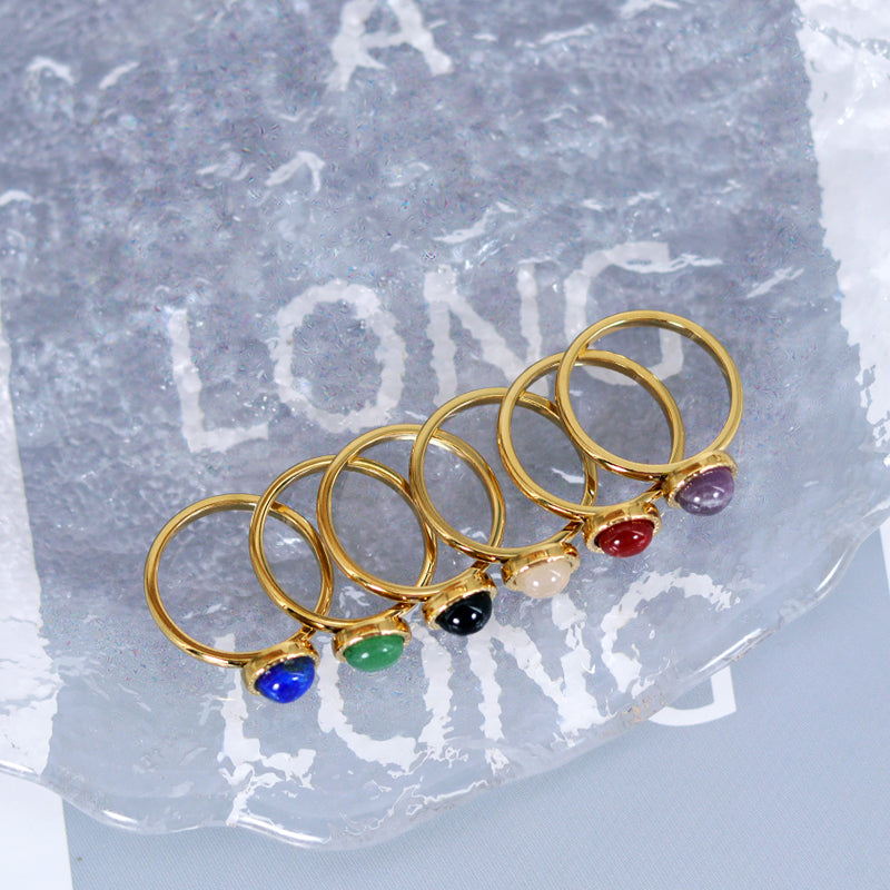 Simple Style Round Titanium Steel Plating Inlay Natural Stone Agate 18k Gold Plated Rings