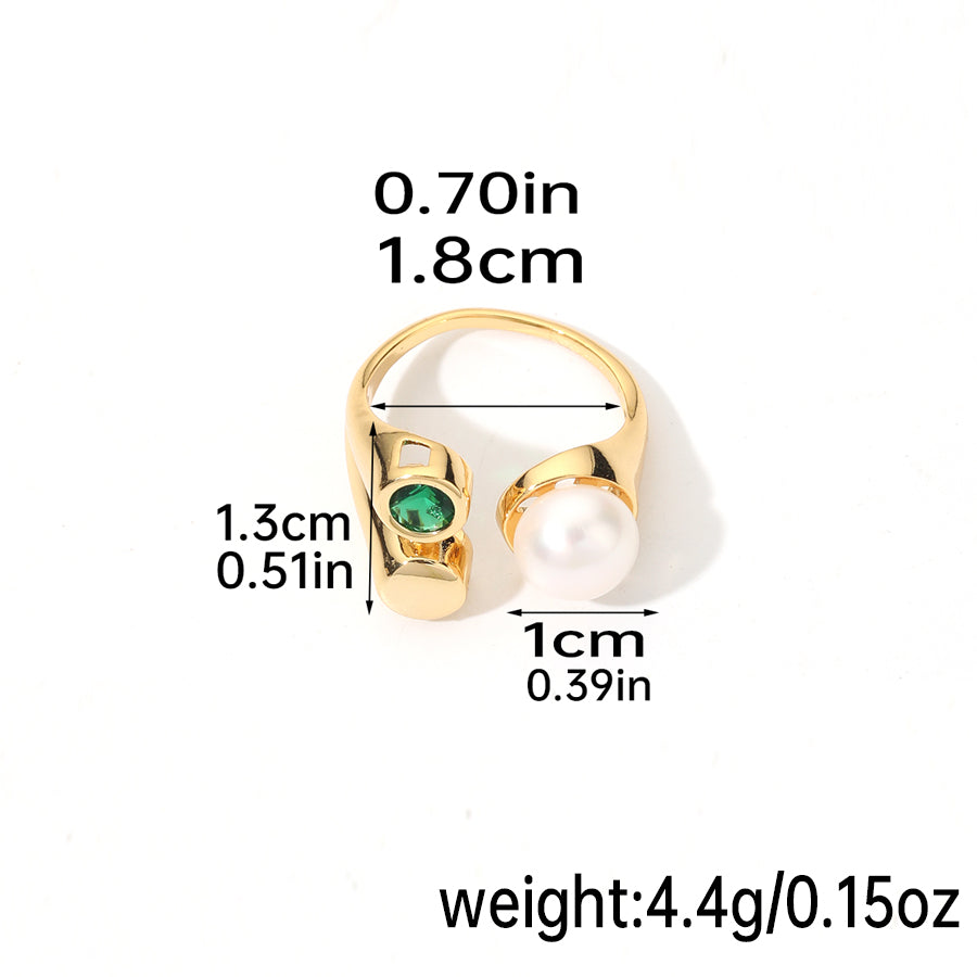 Elegant Retro Baroque Style Round Copper Plating Inlay Natural Stone Freshwater Pearl Zircon 18k Gold Plated Open Rings