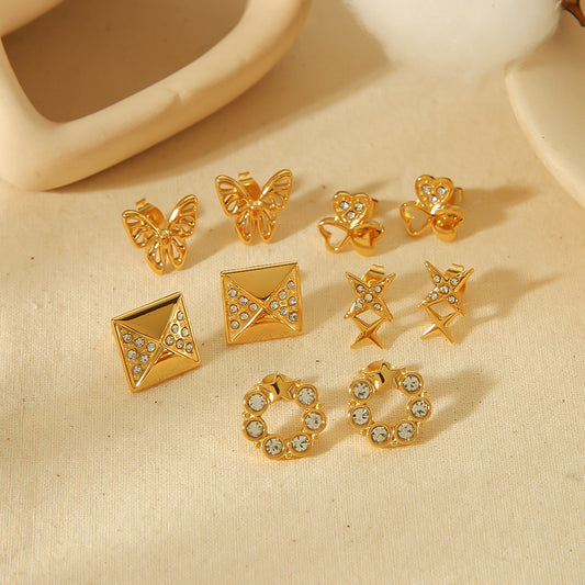 1 Pair Simple Style Quadrilateral Heart Shape Butterfly Polishing Plating Inlay Stainless Steel Zircon 18k Gold Plated Ear Studs