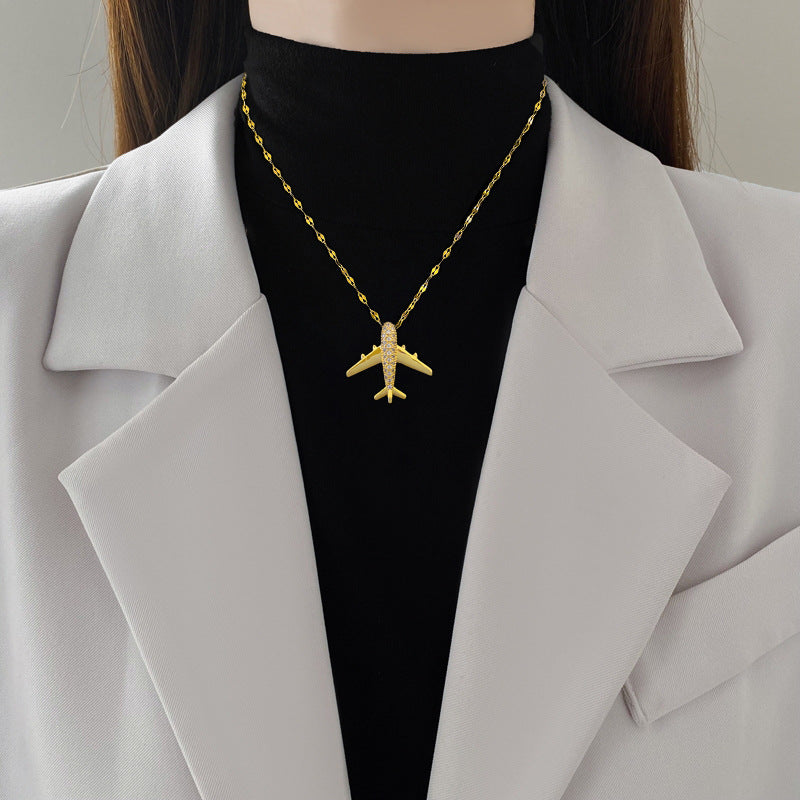 Punk Modern Style Airplane Titanium Steel Copper Inlay Artificial Gemstones Pendant Necklace