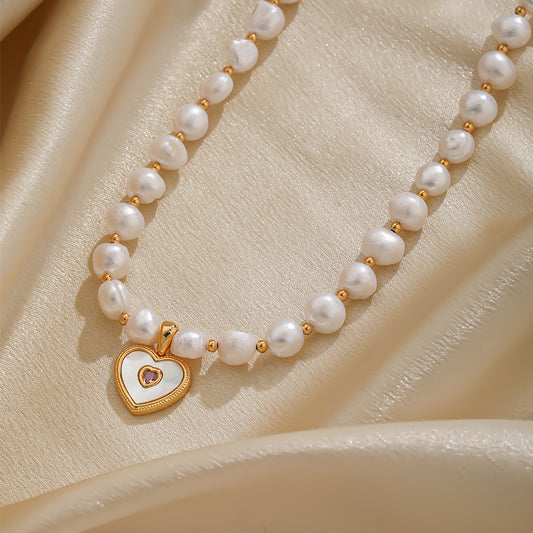 Elegant Romantic Heart Shape Freshwater Pearl Copper Beaded Plating Inlay Shell Zircon 18k Gold Plated Necklace