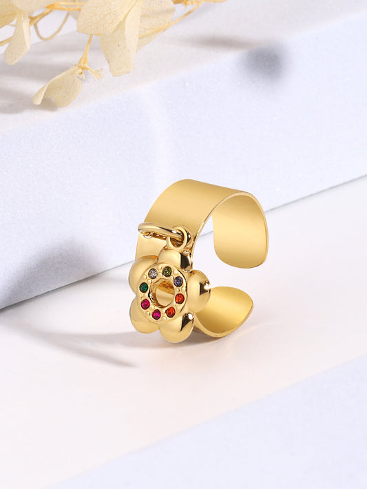 Sweet Flower Stainless Steel Plating Inlay Zircon 18k Gold Plated Charm Rings
