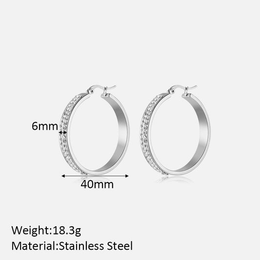 1 Pair Simple Style Geometric Polishing Plating Inlay Stainless Steel Zircon Steel Color Hoop Earrings