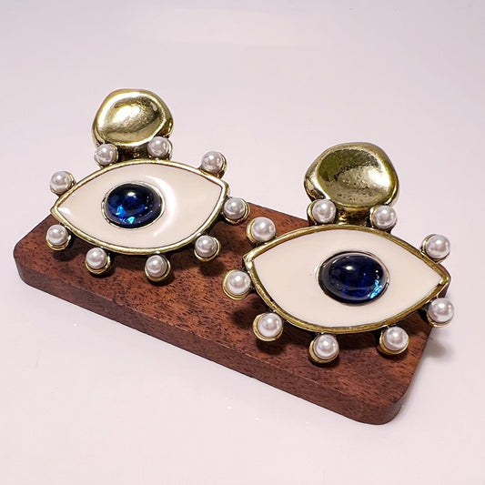 1 Pair Retro Eye Inlay Copper Artificial Gemstones Pearl Drop Earrings
