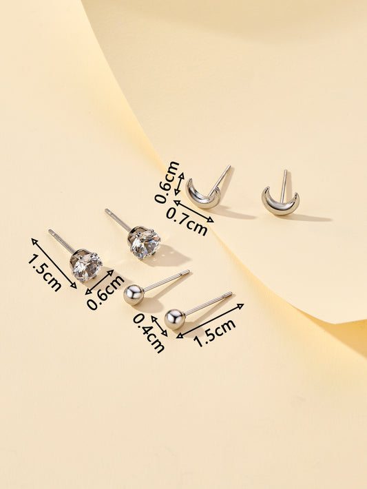 3 Pairs Elegant Simple Style Star Moon Heart Shape Stamping Polishing Stainless Steel Zircon Ear Studs