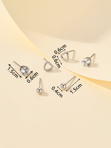3 Pairs Elegant Simple Style Star Moon Heart Shape Stamping Polishing Stainless Steel Zircon Ear Studs