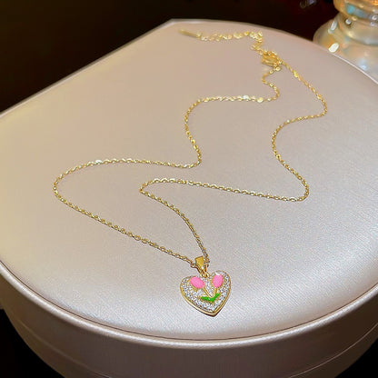 Sweet Heart Shape Tulip Titanium Steel Plating 18k Gold Plated Pendant Necklace
