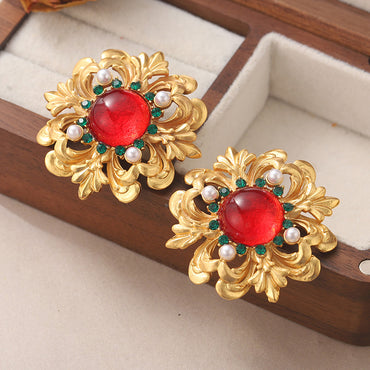 1 Pair Vintage Style French Style Flower Plating Inlay Copper Rhinestones Glass Stone Pearl 18k Middle Ancient Gold Ear Studs