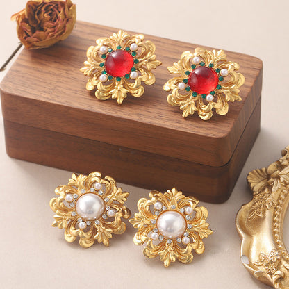 1 Pair Vintage Style French Style Flower Plating Inlay Copper Rhinestones Glass Stone Pearl 18k Middle Ancient Gold Ear Studs