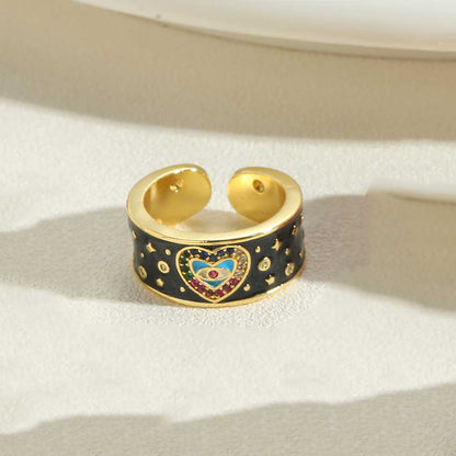 Vintage Style Simple Style Commute Devil's Eye Heart Shape Copper Enamel Plating Inlay Zircon 14k Gold Plated Open Rings