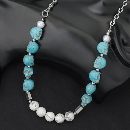 Casual Hip-hop Classic Style Skull Stainless Steel Turquoise Beaded Necklace
