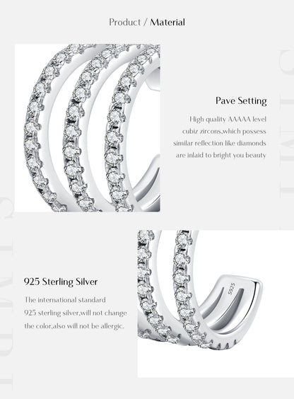 Fashion S925 Sterling Silver Three-layer Diamond-embedded Ear Clip Punk Non-pierced Earrings