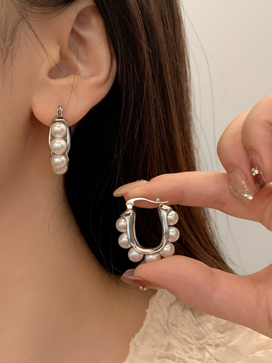 1 Piece Elegant Geometric Alloy Artificial Pearls Hoop Earrings