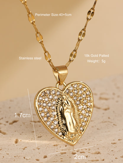 Elegant Heart Shape Stainless Steel Plating Inlay Zircon 18k Gold Plated Pendant Necklace