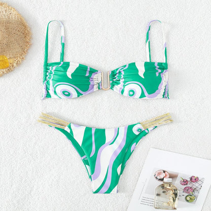 Women's Ditsy Floral Stripe 2 Pieces Set Bikinis Swimwear