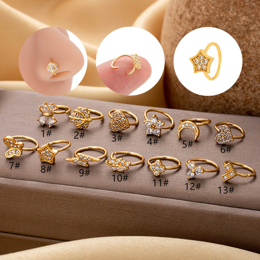 1 Piece Nose Rings & Studs Elegant Pentagram Heart Shape Butterfly Copper Plating Inlay Zircon Nose Ring
