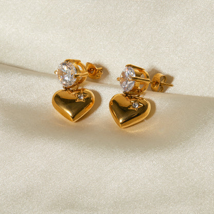 1 Pair IG Style Heart Shape Inlay 316 Stainless Steel  Zircon 18K Gold Plated Drop Earrings
