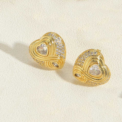 1 Pair Vintage Style Heart Shape Inlay Copper Zircon 14K Gold Plated Ear Studs