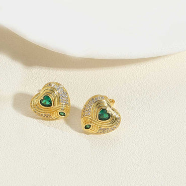 1 Pair Vintage Style Heart Shape Inlay Copper Zircon 14K Gold Plated Ear Studs