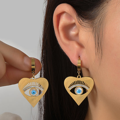 1 Pair Casual Devil's Eye Heart Shape Polishing Plating Inlay Titanium Steel Rhinestones Drop Earrings
