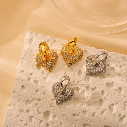 1 Pair Elegant Luxurious Heart Shape Inlay Copper Zircon 18K Gold Plated Drop Earrings