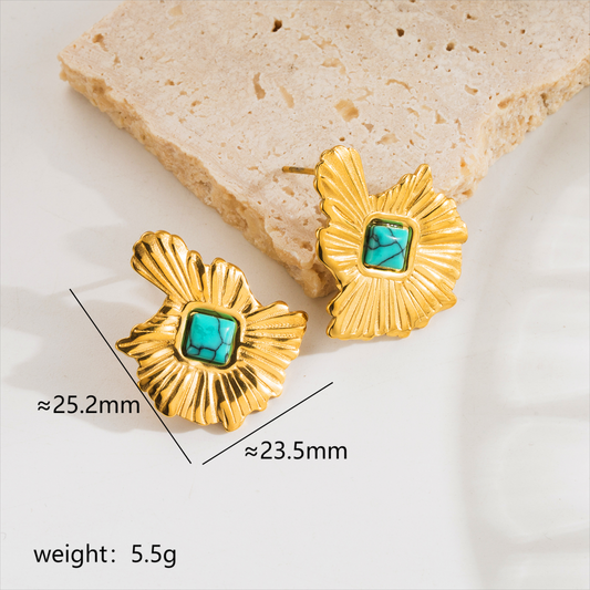 1 Pair Vintage Style Leaves Plating Inlay Stainless Steel Turquoise 18k Gold Plated Ear Studs