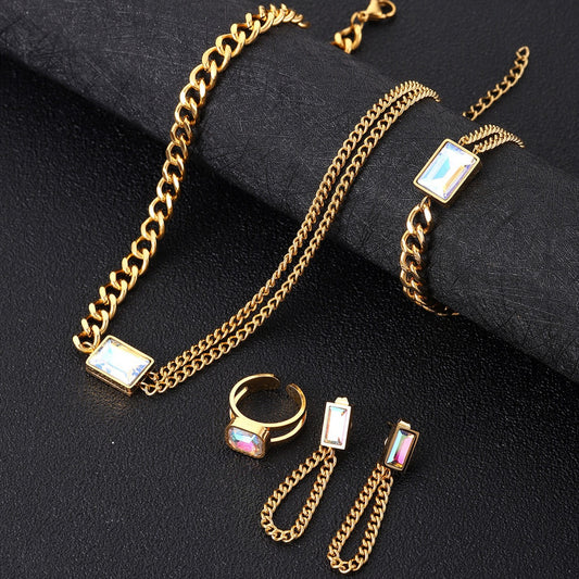 Stainless Steel 18K Gold Plated Elegant Luxurious Rectangle Plating Inlay Zircon Jewelry Set
