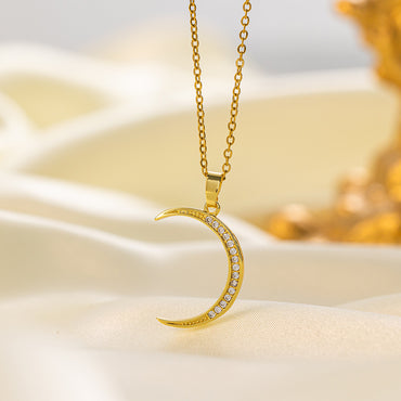 Titanium Steel 18K Gold Plated Elegant Simple Style Commute Love Moon Heart Shape Polishing Inlay Artificial Rhinestones Pendant Necklace