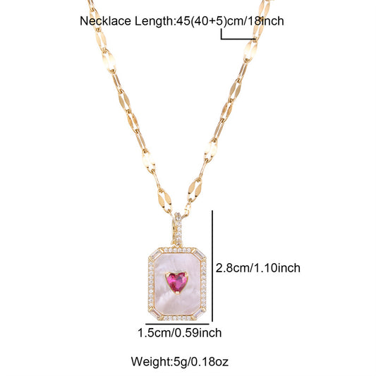 Stainless Steel Titanium Steel Simple Style Heart Shape Rectangle Plating Inlay Natural Stone Shell Zircon Pendant Necklace