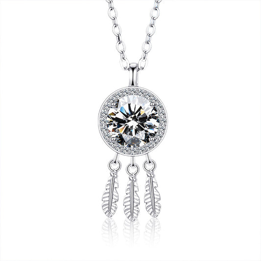 Sterling Silver Simple Style Shiny Round Feather GRA Inlay Moissanite Pendant Necklace
