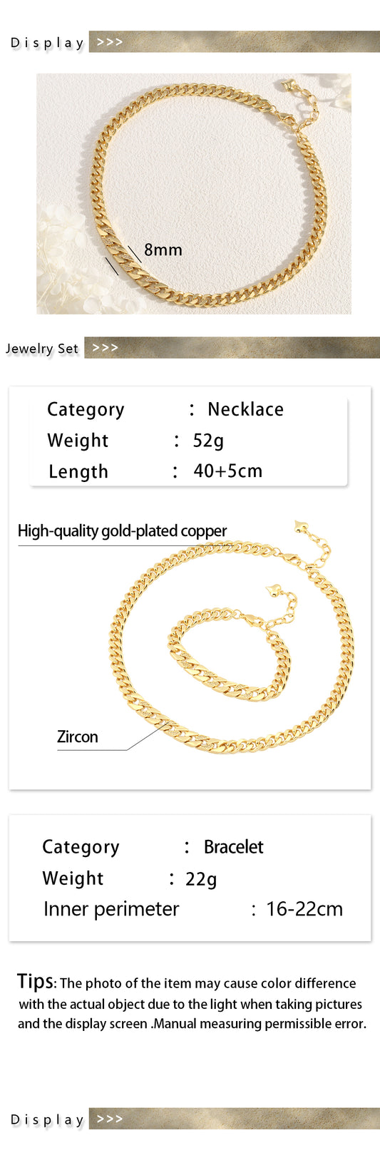 Copper 18K Gold Plated Hip-Hop Solid Color Patchwork Inlay Zircon Jewelry Set