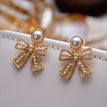 1 Pair Elegant Bow Knot Inlay Copper Pearl 18K Gold Plated Drop Earrings