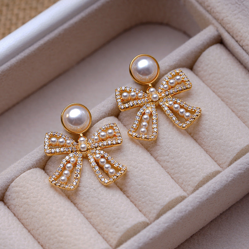 1 Pair Elegant Bow Knot Inlay Copper Pearl 18K Gold Plated Drop Earrings